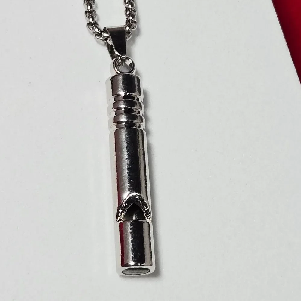 Silver Stainless Steel Whistle Pendant Necklace | Minimalist Cylinder Jewelry